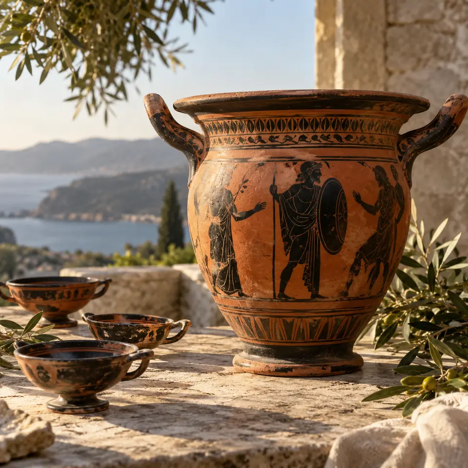 réplique de cratère grec en terre cuite et coupes de vin sur une table antique