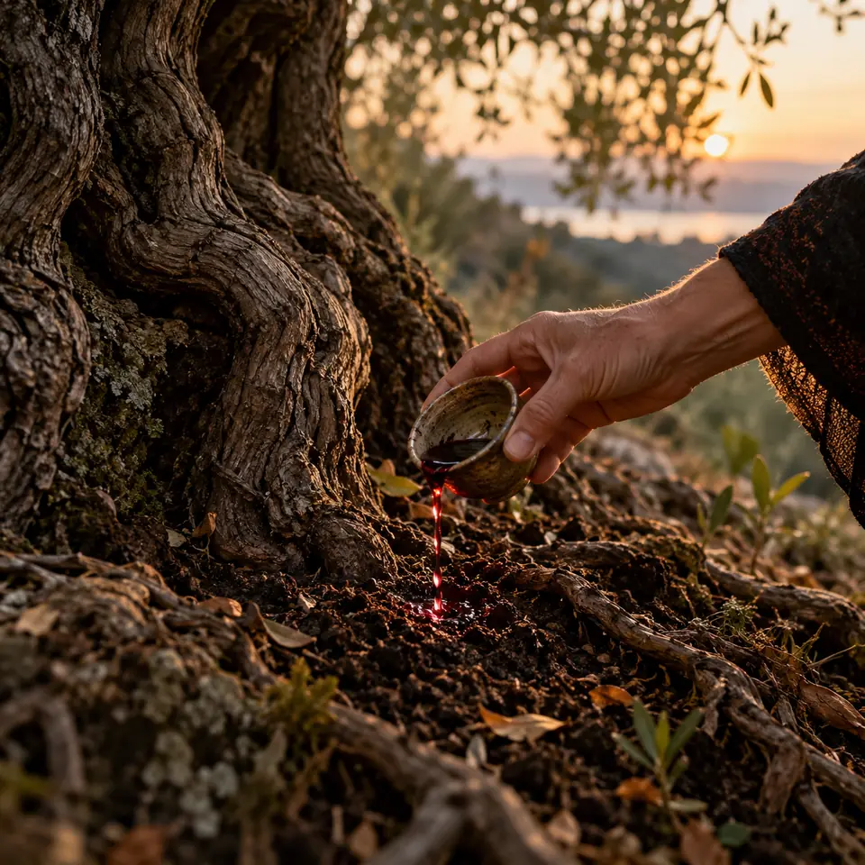 main versant quelques gouttes de vin sur la terre au pied d'un vieil arbre