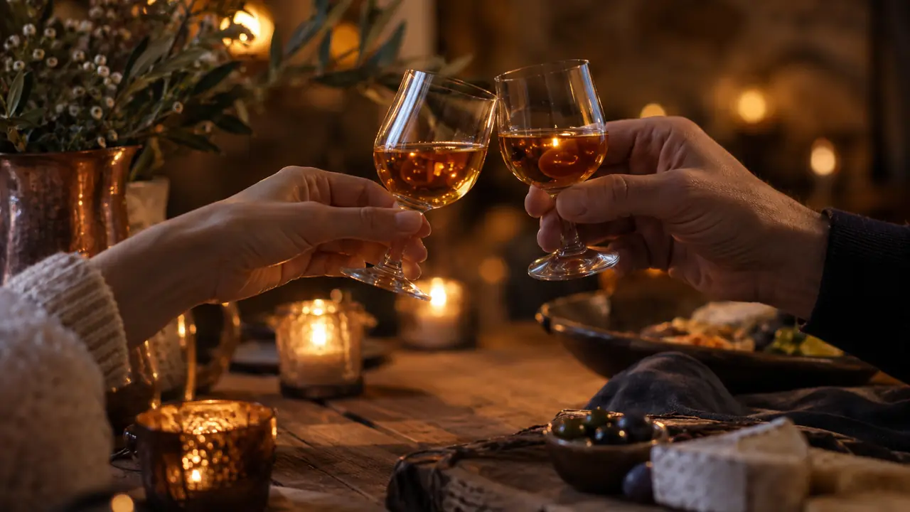 deux mains qui trinquent au-dessus d'une table en bois éclairée à la bougie