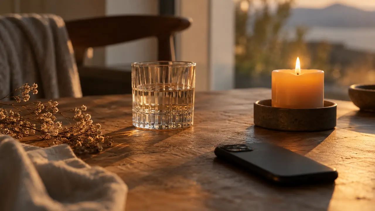 verre posé près d'une bougie et d'un téléphone retourné, ambiance calme du soir