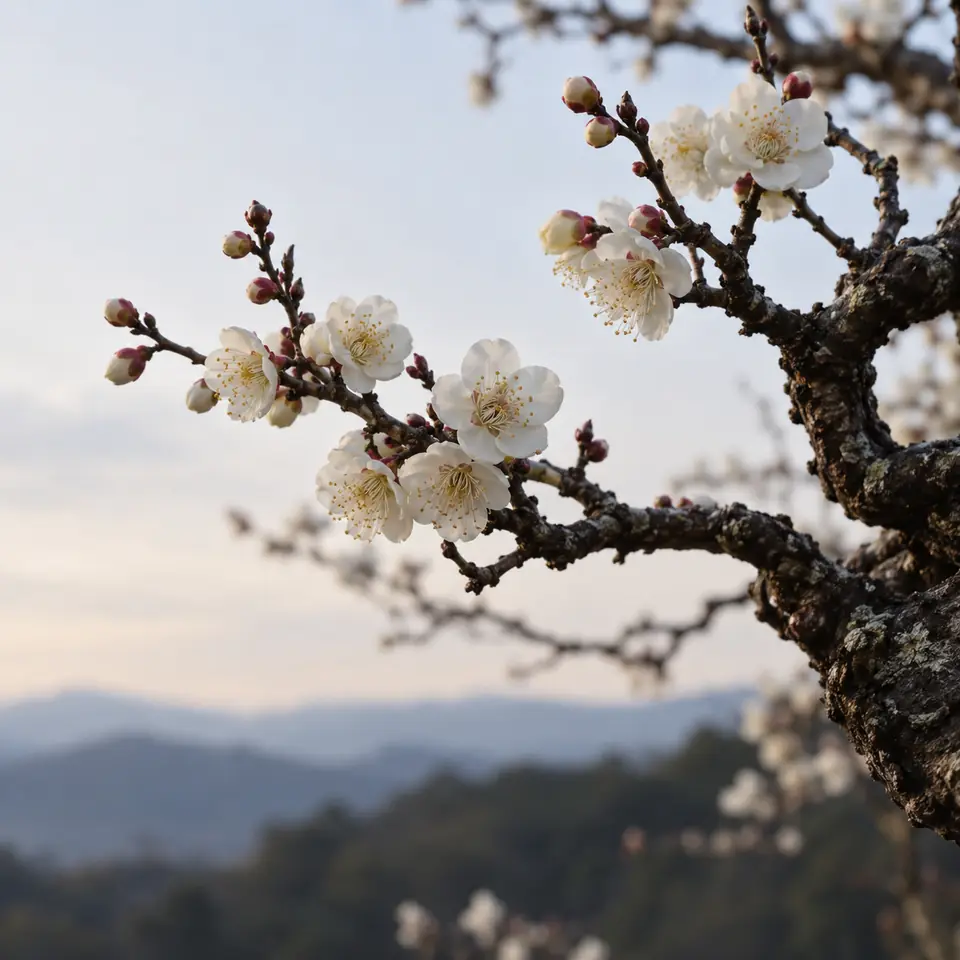 fleurs blanches de prunier sur une branche sombre à la fin de l'hiver