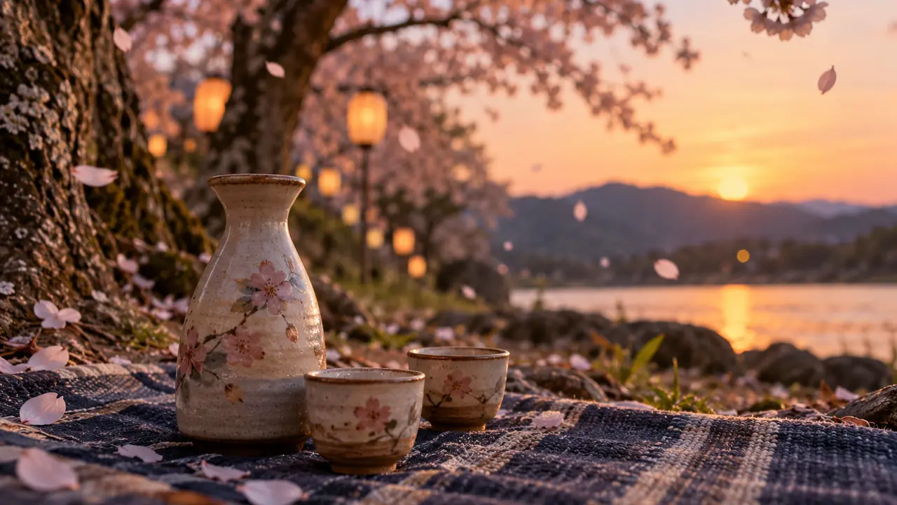 service à saké posé sur une nappe sous des cerisiers en fleurs au crépuscule