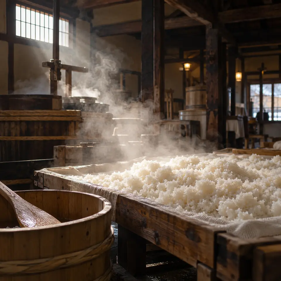 intérieur d'une brasserie de saké traditionnelle avec riz fumant et outils en bois