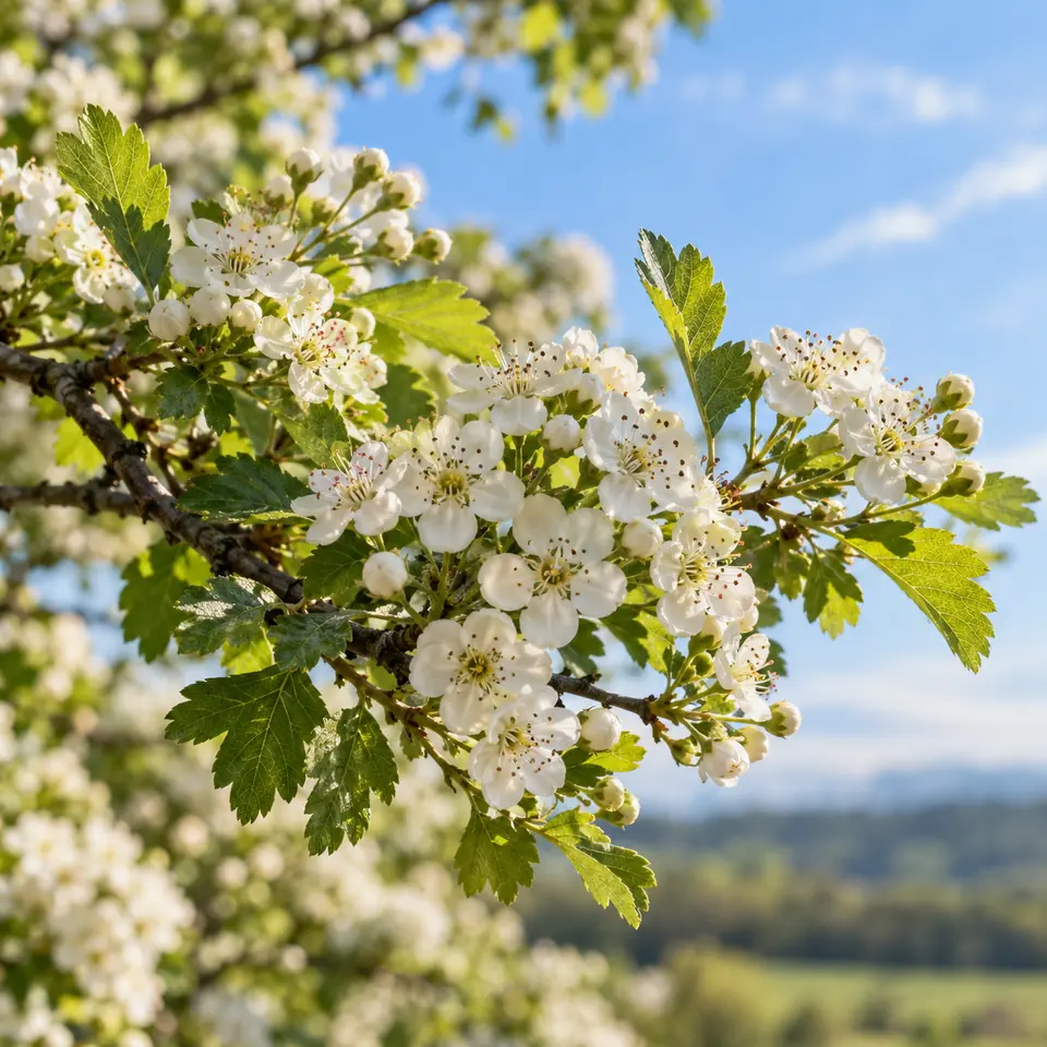branche d'aubépine en fleurs blanches au printemps