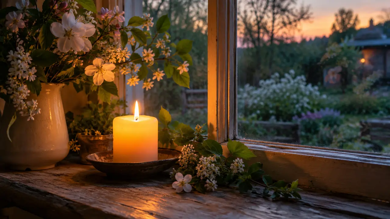 bougie allumée parmi des fleurs de printemps sur un rebord de fenêtre au crépuscule