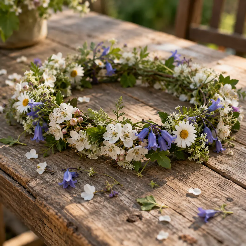 couronne de fleurs de printemps posée sur une table en bois