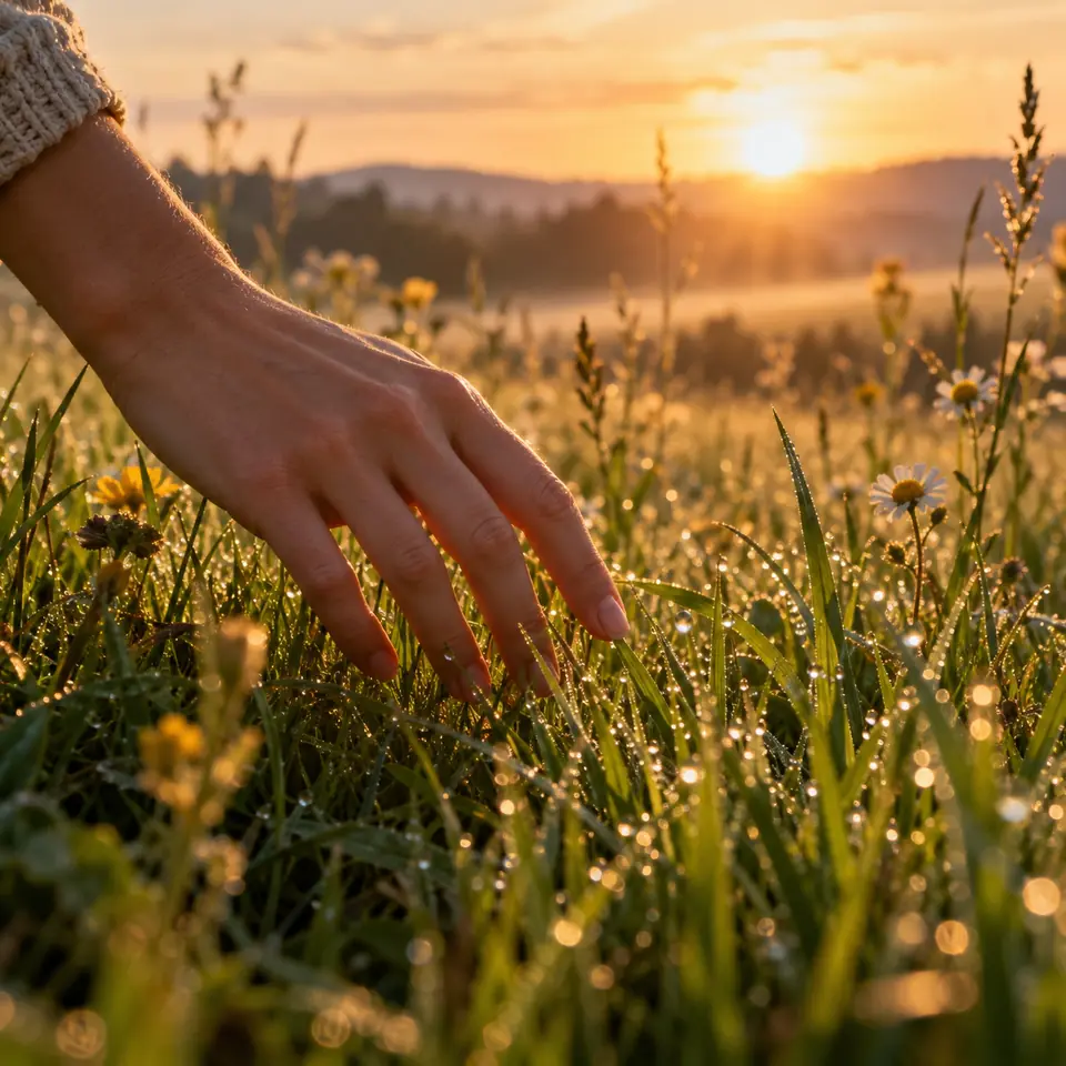 main effleurant l'herbe couverte de rosée au lever du soleil