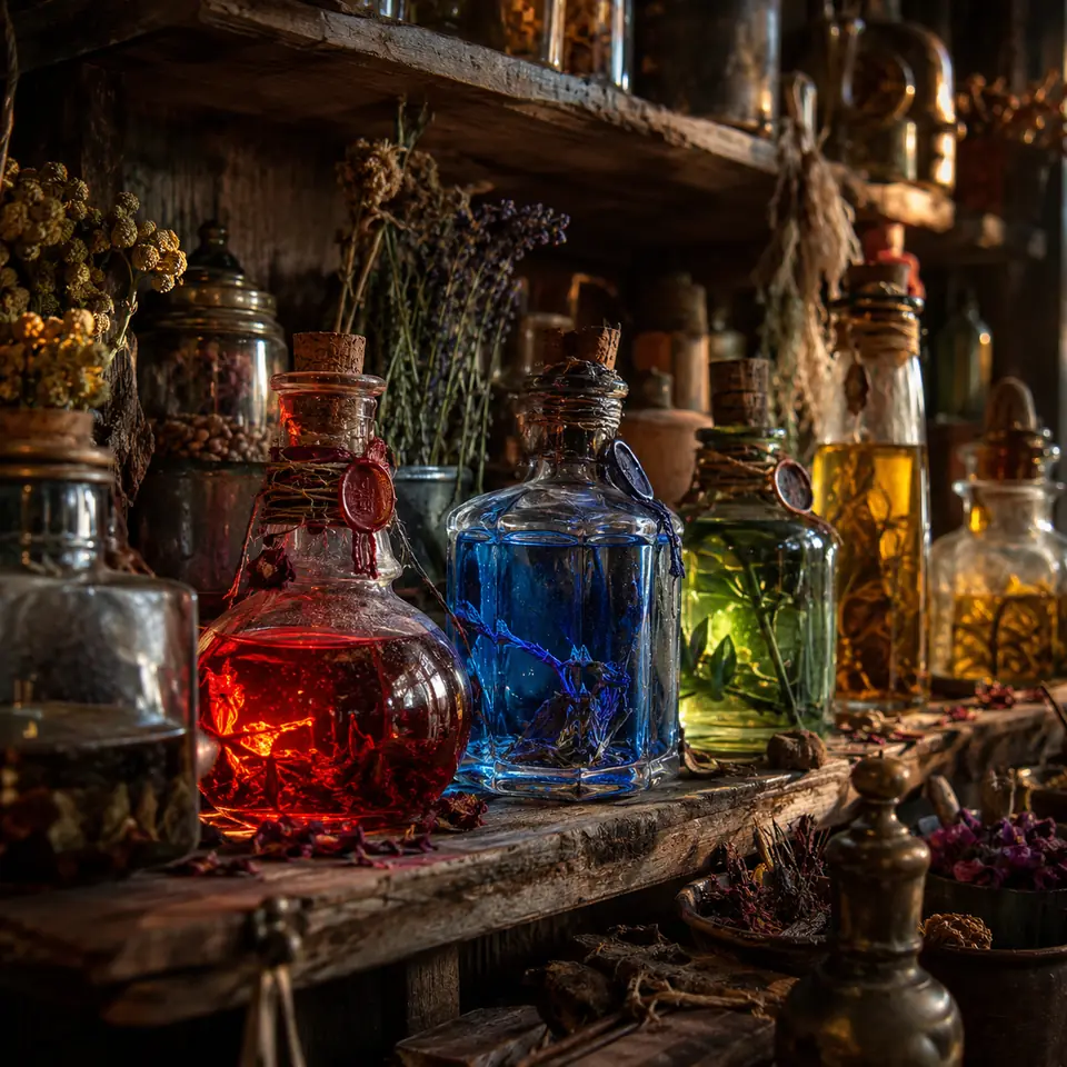 fioles de potions rouges, bleues, vertes et dorées sur une étagère d'apothicaire