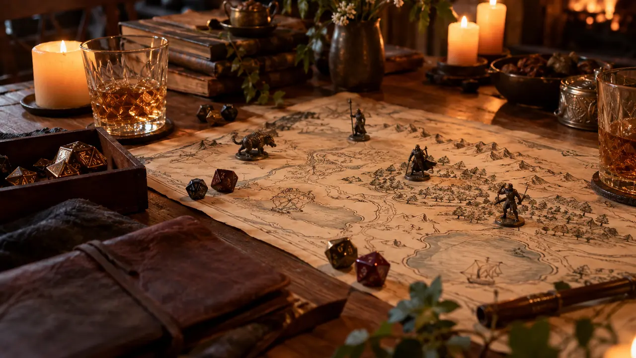 table de soirée de jeu de rôle avec dés, cartes, bougies et verres ambrés