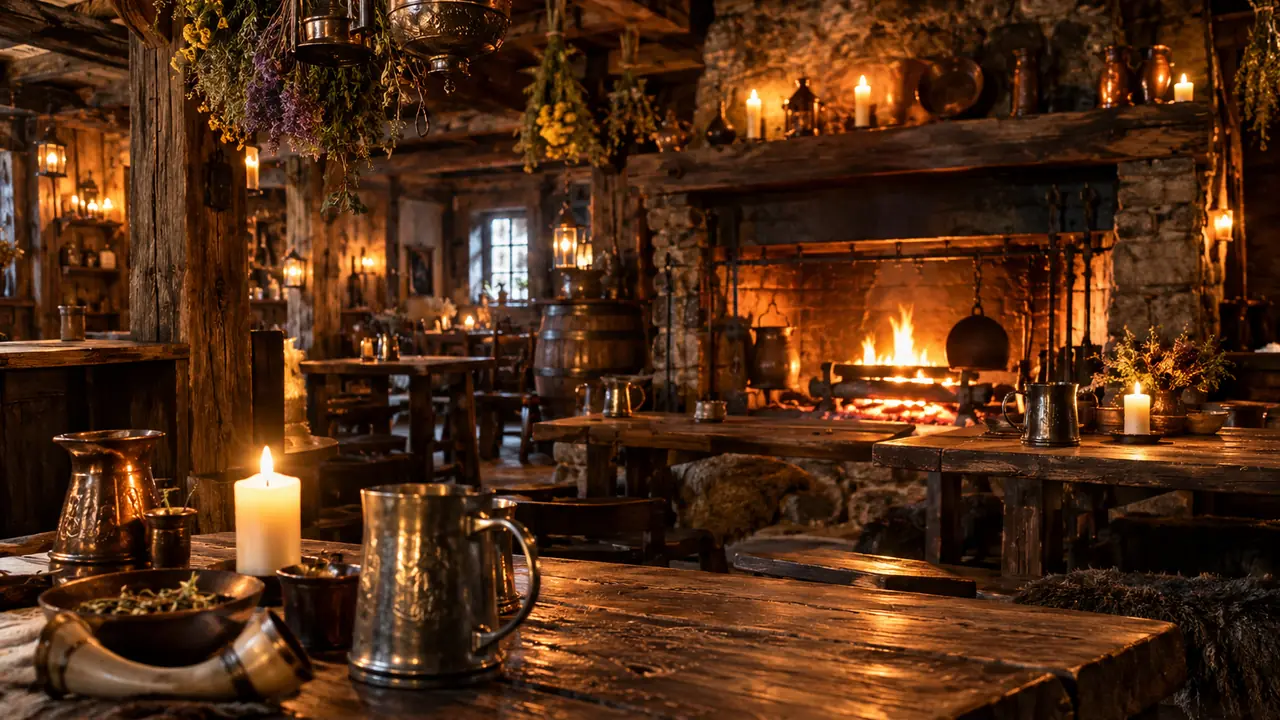 intérieur de taverne médiévale fantastique avec cheminée, chopes en bois et corne à boire