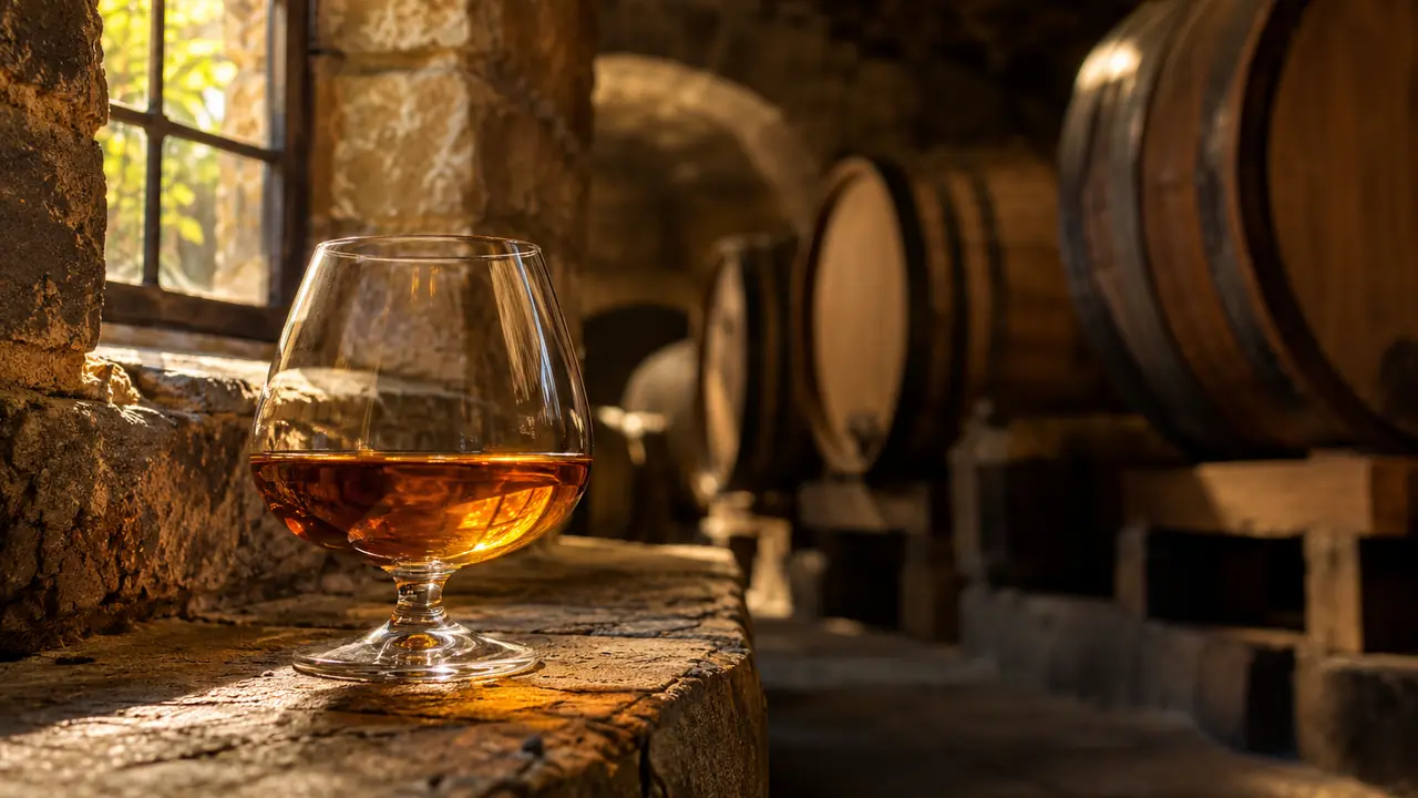 verre de vieille eau-de-vie ambrée posé près d'une fenêtre de chai