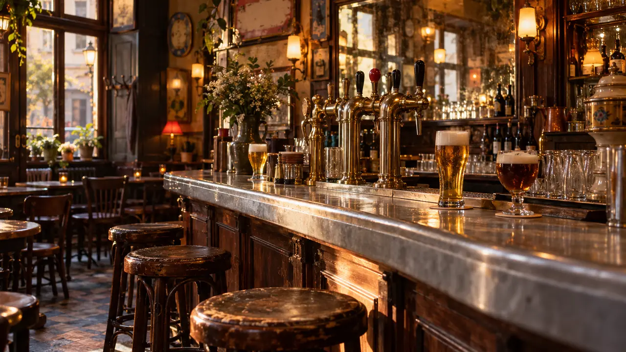 comptoir en zinc d'un vieux café belge avec verres de bière et lumière dorée