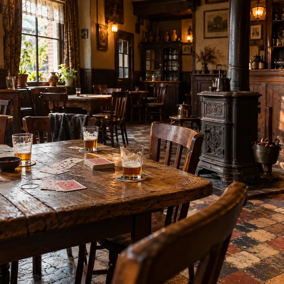 intérieur d'un estaminet ouvrier ancien, tables en bois, poêle et cartes à jouer