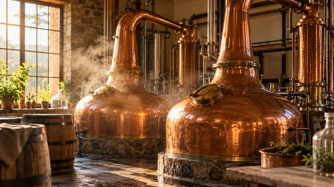 alambics en cuivre étincelants dans une distillerie artisanale, lumière chaude et vapeur