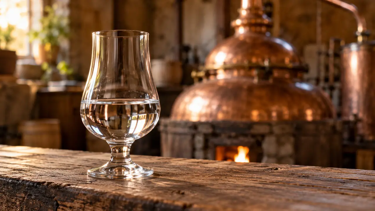 verre de distillat clair devant un alambic en cuivre flou