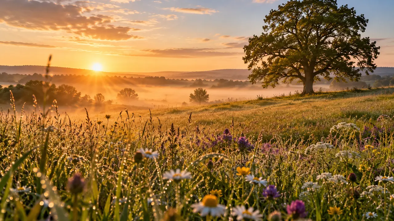 lever de soleil sur une prairie couverte de rosée un matin de juin