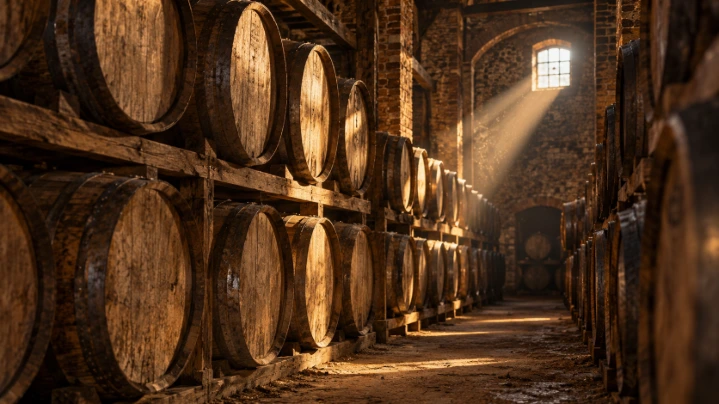 Illustration d'une allée de fûts de chêne dans un chai sombre traversé par un rayon de lumière, évoquant le vieillissement du whisky Belgian Owl
