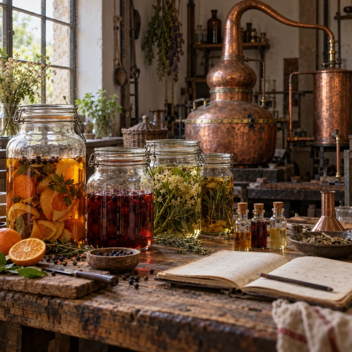 Illustration d'un atelier de liquoriste avec bocaux de macération et petit alambic ancien en cuivre à col de cygne
