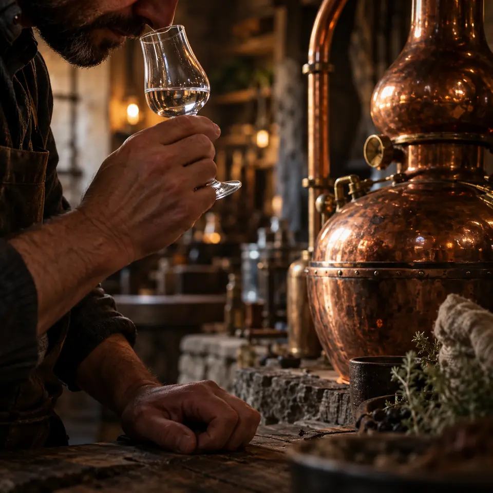 distillateur sentant un verre de distillat devant un alambic en cuivre