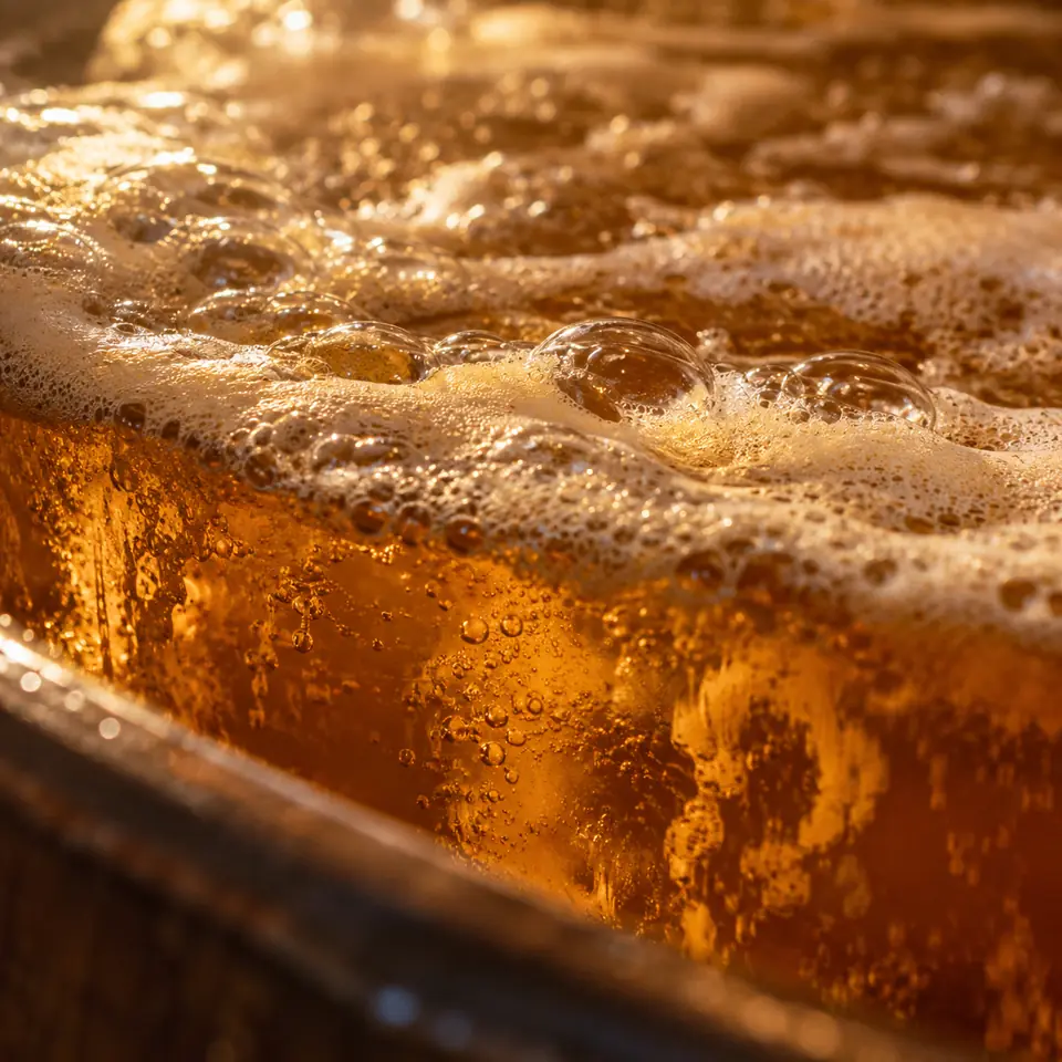 surface d'un moût en fermentation couverte de bulles et de mousse