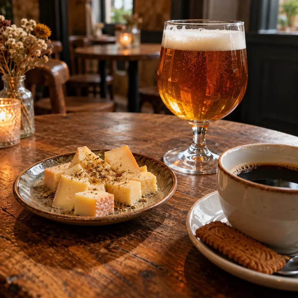 dés de fromage au sel de céleri et verre de bière sur une table de café