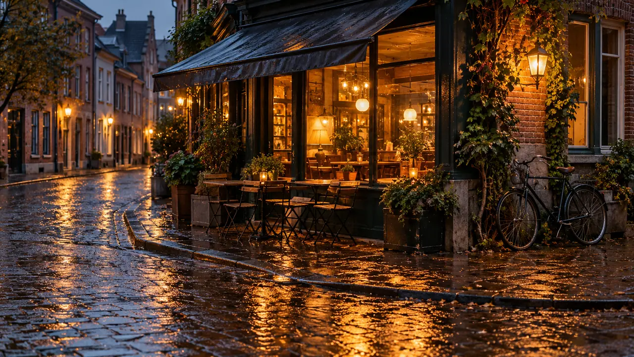 façade d'un café de coin de rue éclairée un soir de pluie