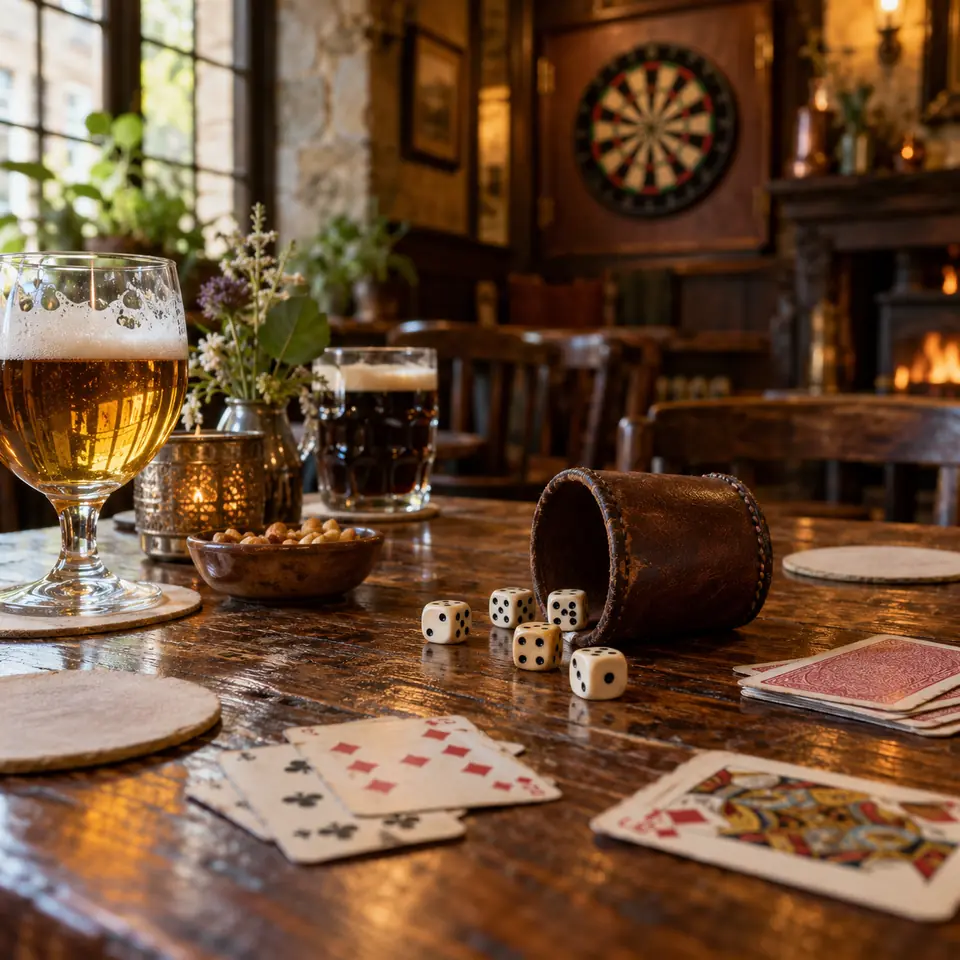 cartes, dés et cible de fléchettes dans un café belge
