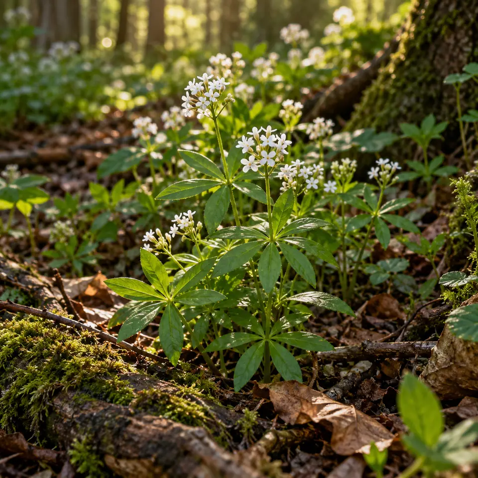 aspérule odorante en fleurs blanches au sol d'une forêt