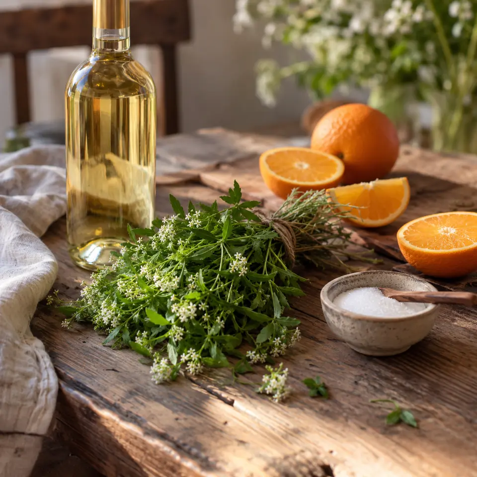 botte d'aspérule flétrie, bouteille de vin blanc et oranges sur une table en bois