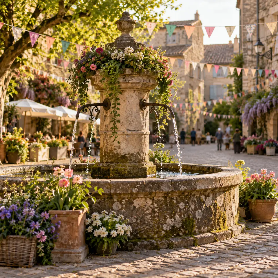 fontaine sur une place pavée décorée de fleurs pour une fête de printemps