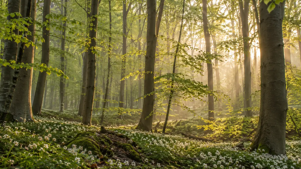 sous-bois de hêtres au printemps, baigné d'une lumière dorée et d'une brume légère