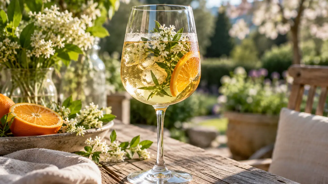 verre de vin de mai doré avec une rondelle d'orange et un brin d'aspérule, sur une table au soleil