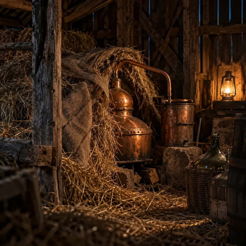 petit alambic de fortune caché dans une grange sous la paille