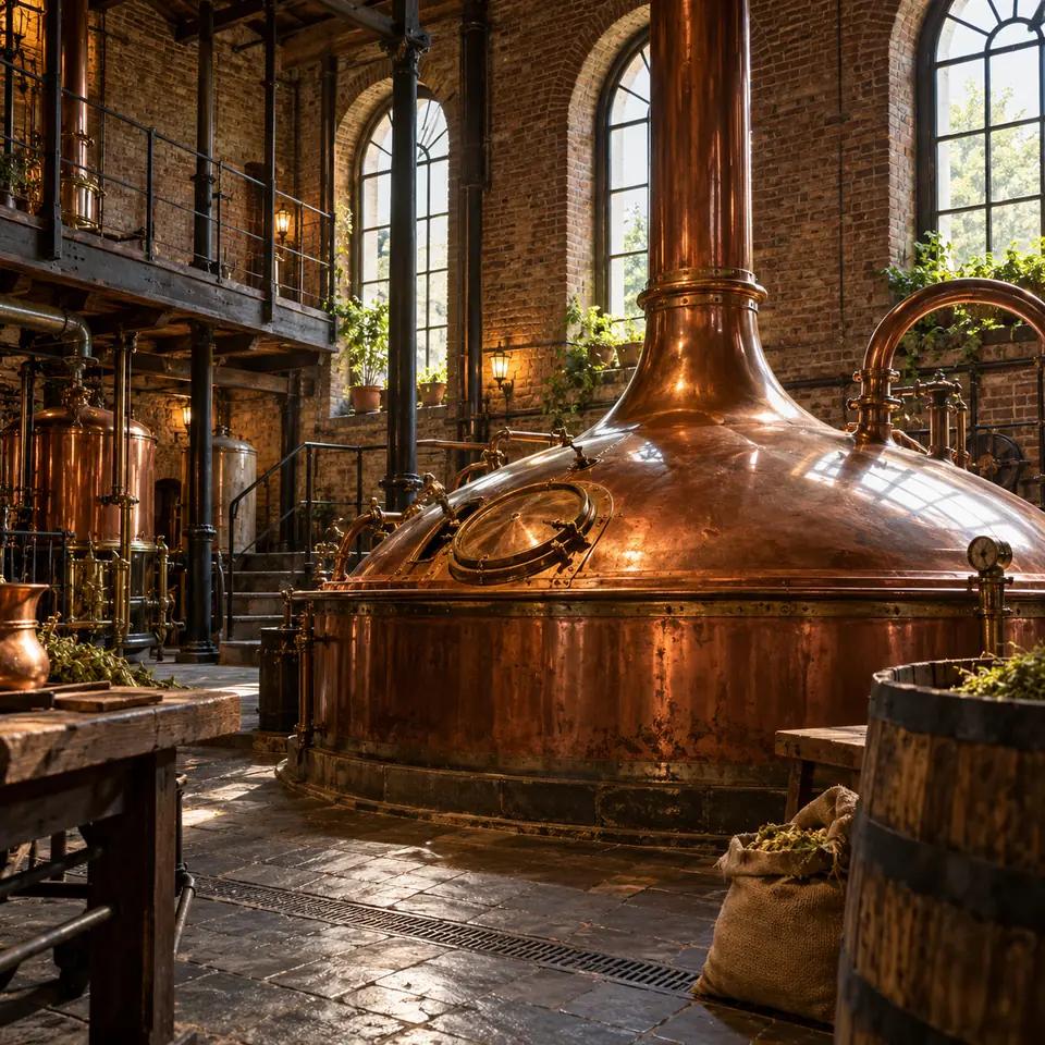 intérieur d'une brasserie ancienne avec une cuve de brassage en cuivre
