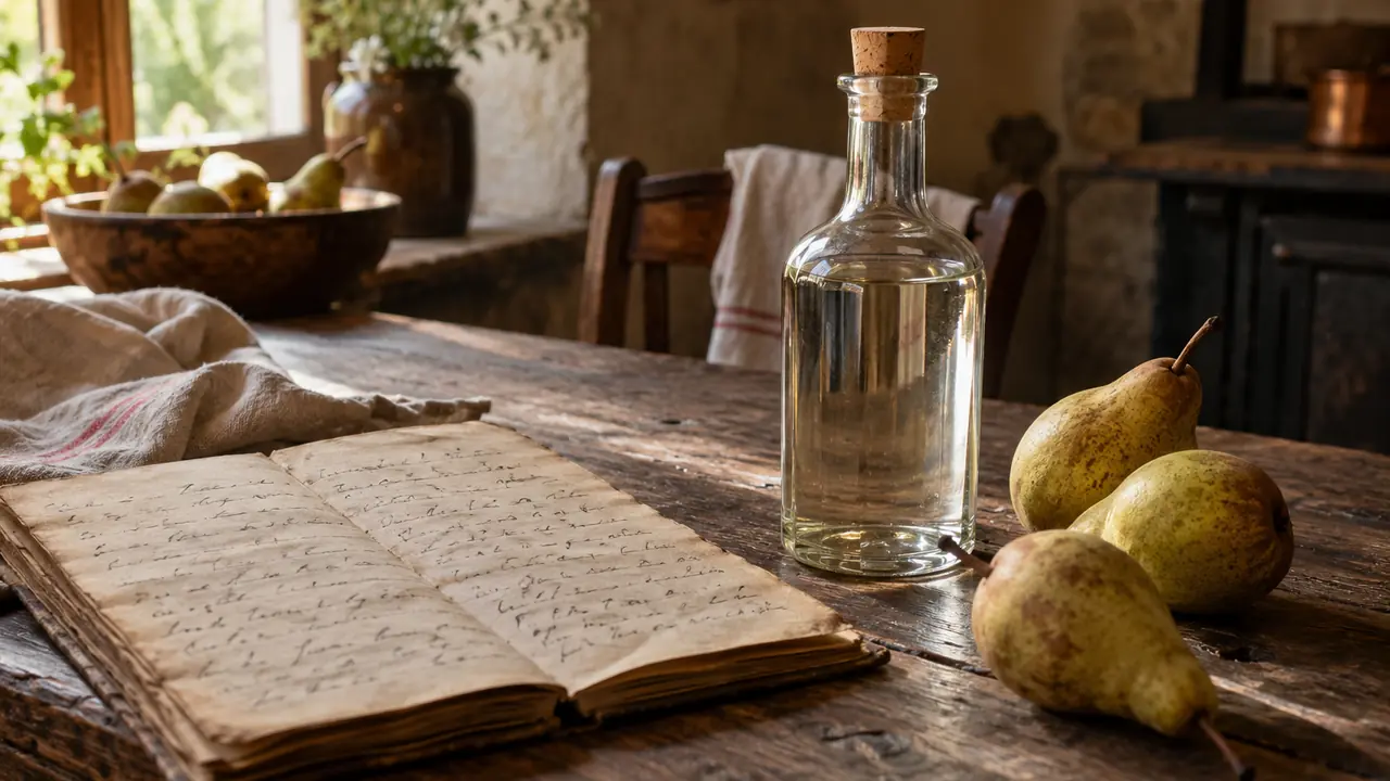 carnet de recettes ancien, bouteille d'eau-de-vie maison et poires sur une table de ferme
