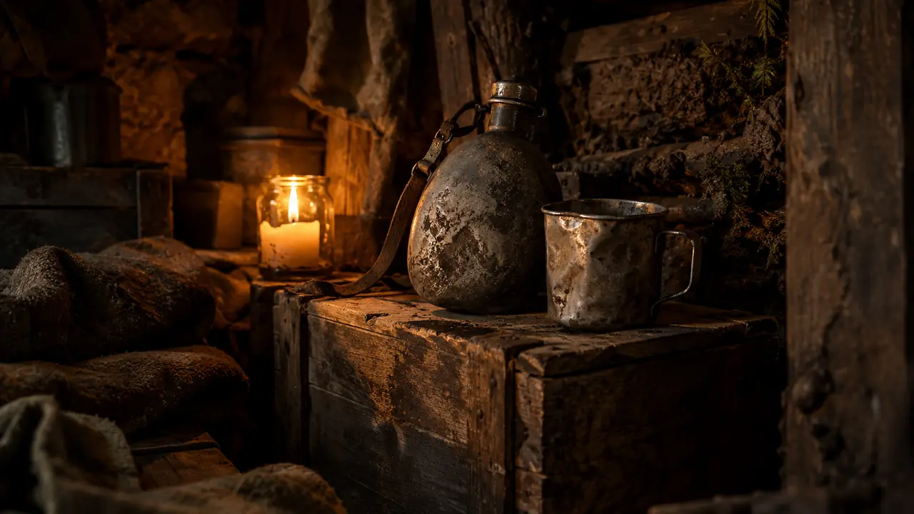 gourde militaire ancienne et quart métallique sur une caisse en bois, éclairés par une bougie