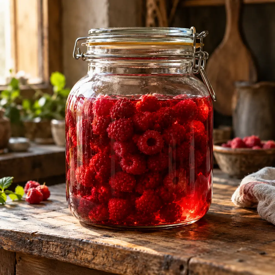 bocal de framboises en macération dans un alcool clair