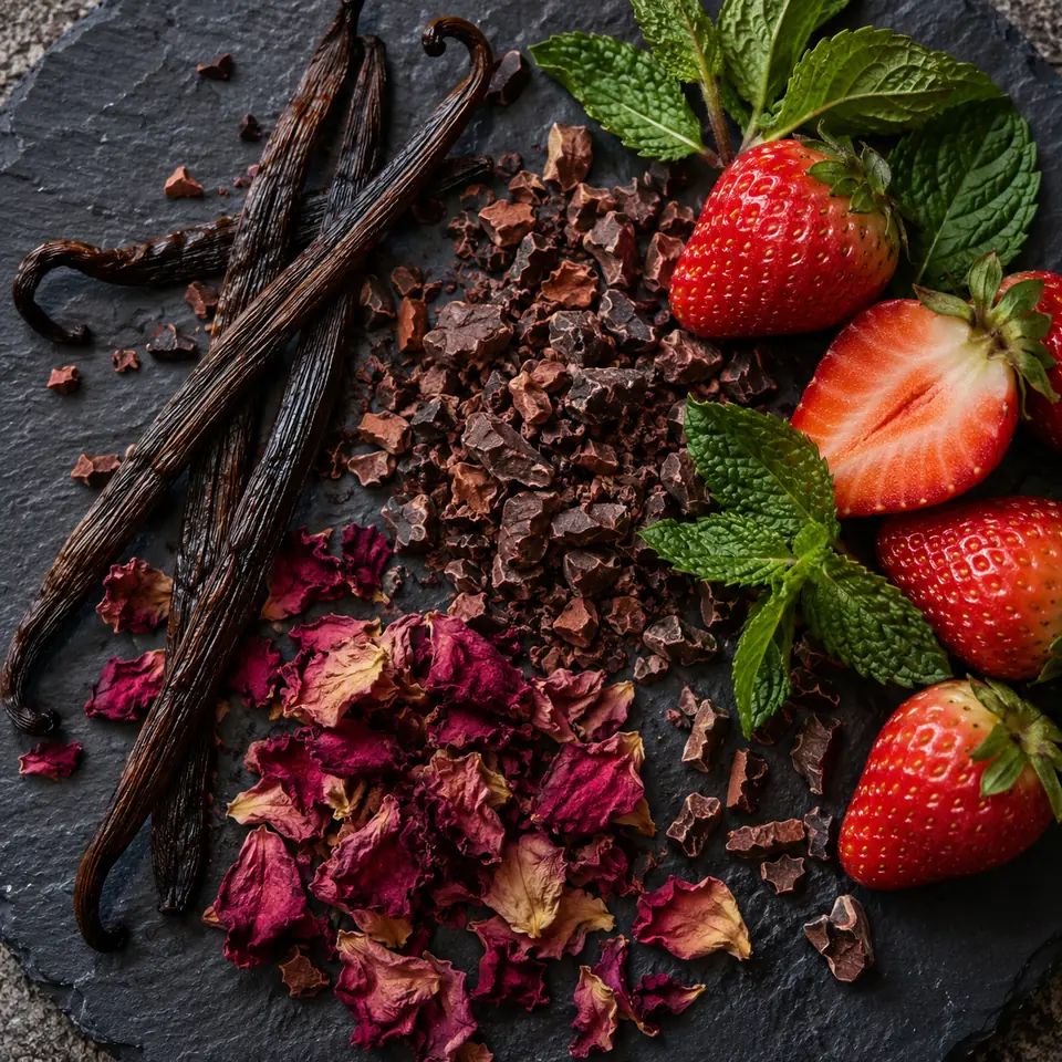 gousses de vanille, éclats de cacao, pétales de rose, menthe et fraises sur une ardoise