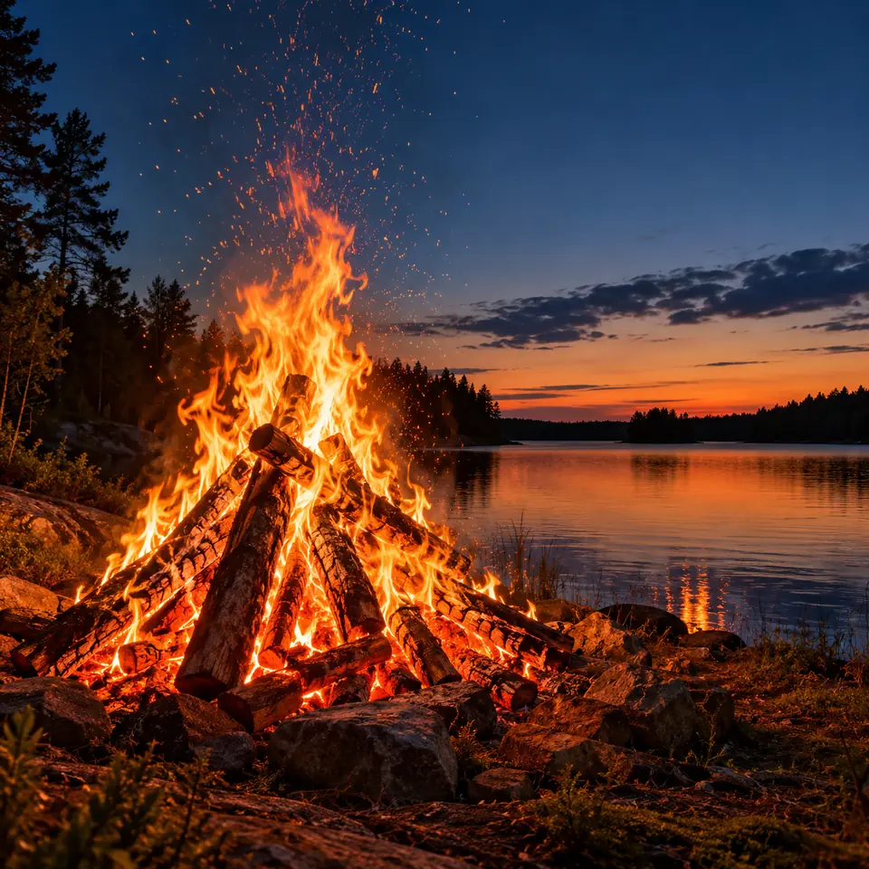 feu de la Saint-Jean au bord d'un lac au crépuscule