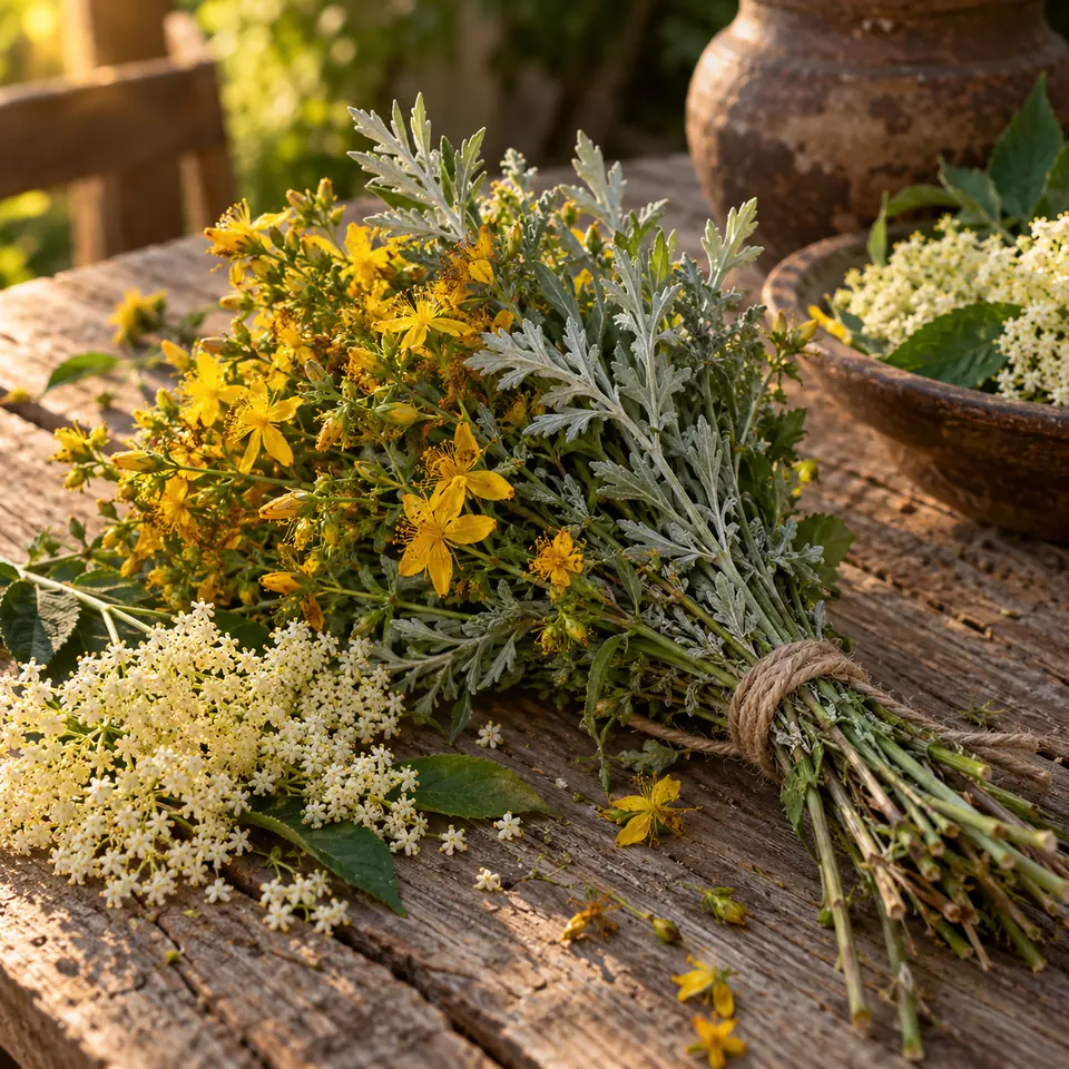 bouquet de millepertuis et d'armoise sur une table en bois