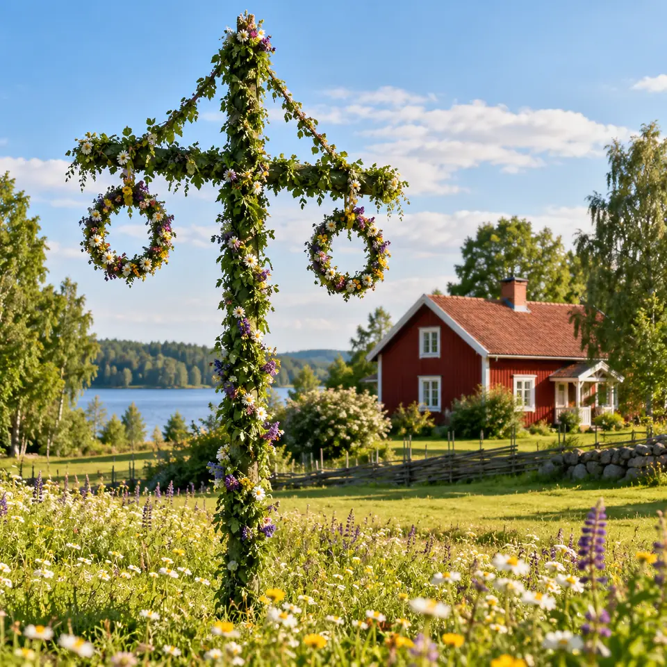 mât de Midsommar décoré de feuillages et de fleurs dans une prairie