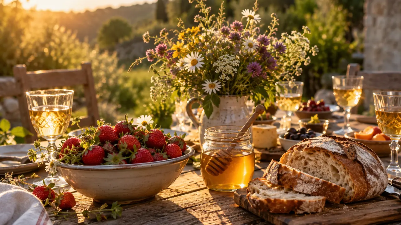 table d'été à l'heure dorée avec fraises, miel, fleurs et verres dorés