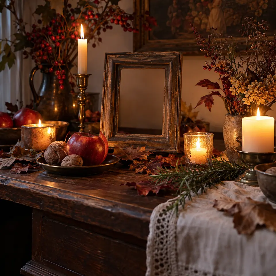 petit autel d'automne avec bougies, pommes, noix et feuilles mortes