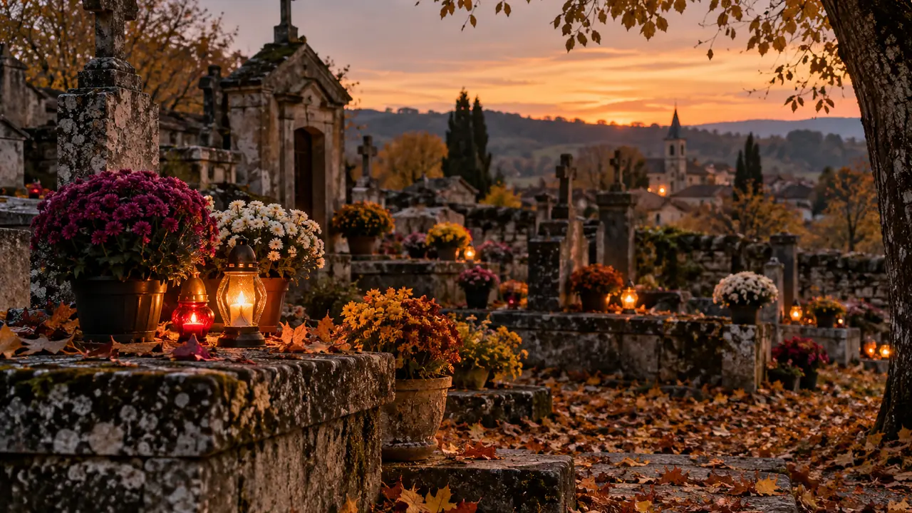 cimetière de village au crépuscule avec chrysanthèmes et bougies