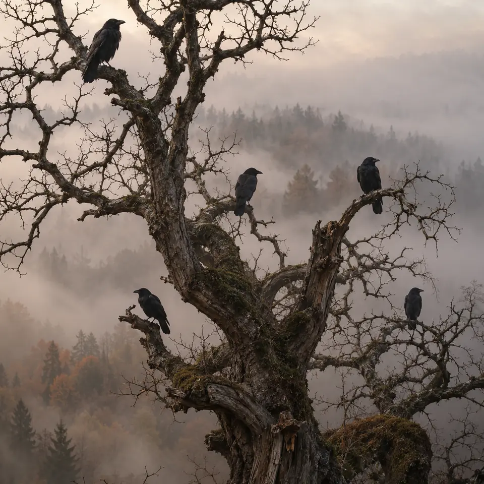 corbeaux perchés sur un arbre nu dans la brume d'automne