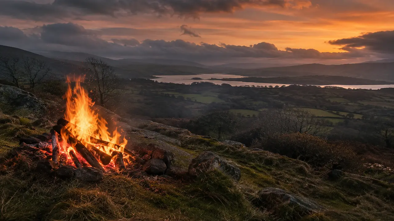 feu sur une colline à la fin de l'automne, au crépuscule, dans un paysage irlandais