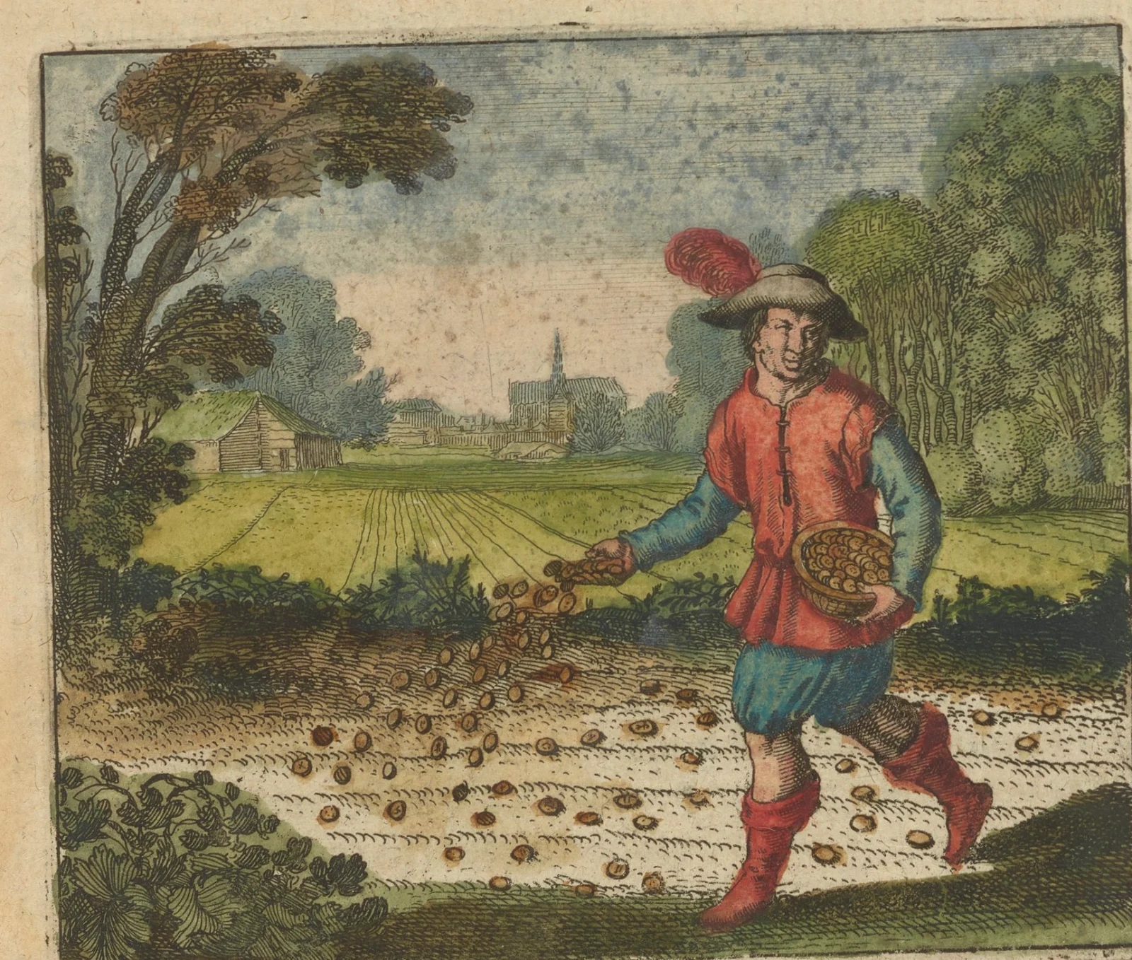 Gravure coloriée du XVIIe siècle : un semeur en habit rouge jette des grains dans un champ labouré, un village au loin.