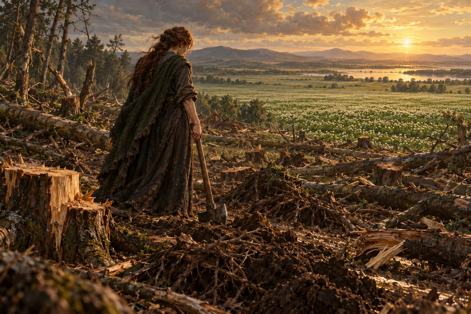 Peinture d'évocation : une femme vue de dos, une hache à la main, au milieu d'une forêt abattue et de racines arrachées ; au-delà, une plaine de trèfle en fleur.