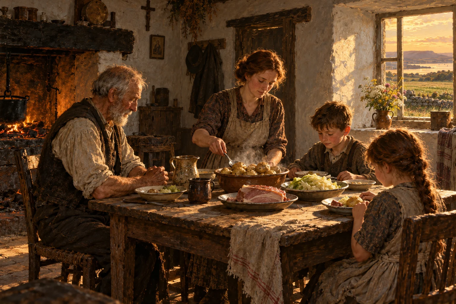 Peinture d'évocation : une famille paysanne irlandaise des années 1930 attablée devant des pommes de terre nouvelles, du lard et un chou blanc.