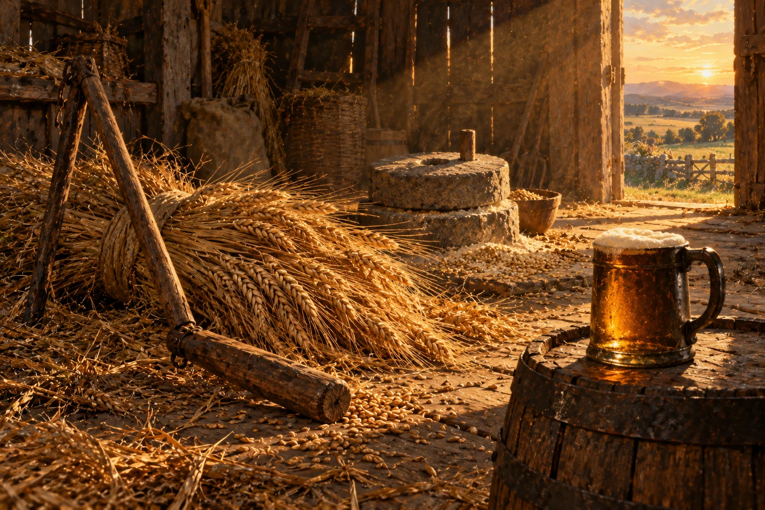 Peinture d'évocation : dans une grange, une gerbe d'orge coupée, un fléau, une meule de pierre et une chope de bière ambrée sur un tonnelet.